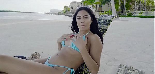  Latina beauty Serena spreading her thick legs wide open to expose her wet pussy